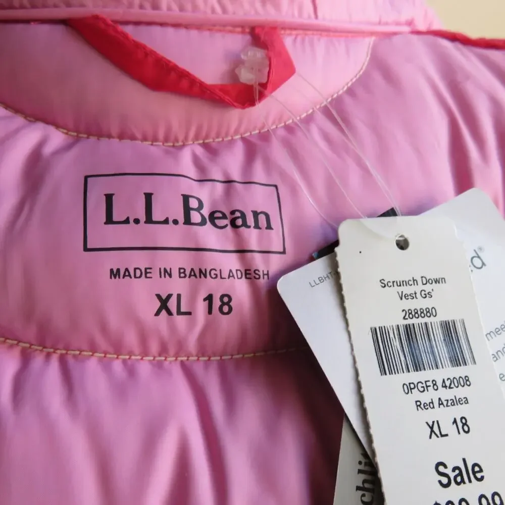NWT LL Bean Red Azalea Goose Down Puffer Vest XL 18 Outerwear Scrunch Down Girls